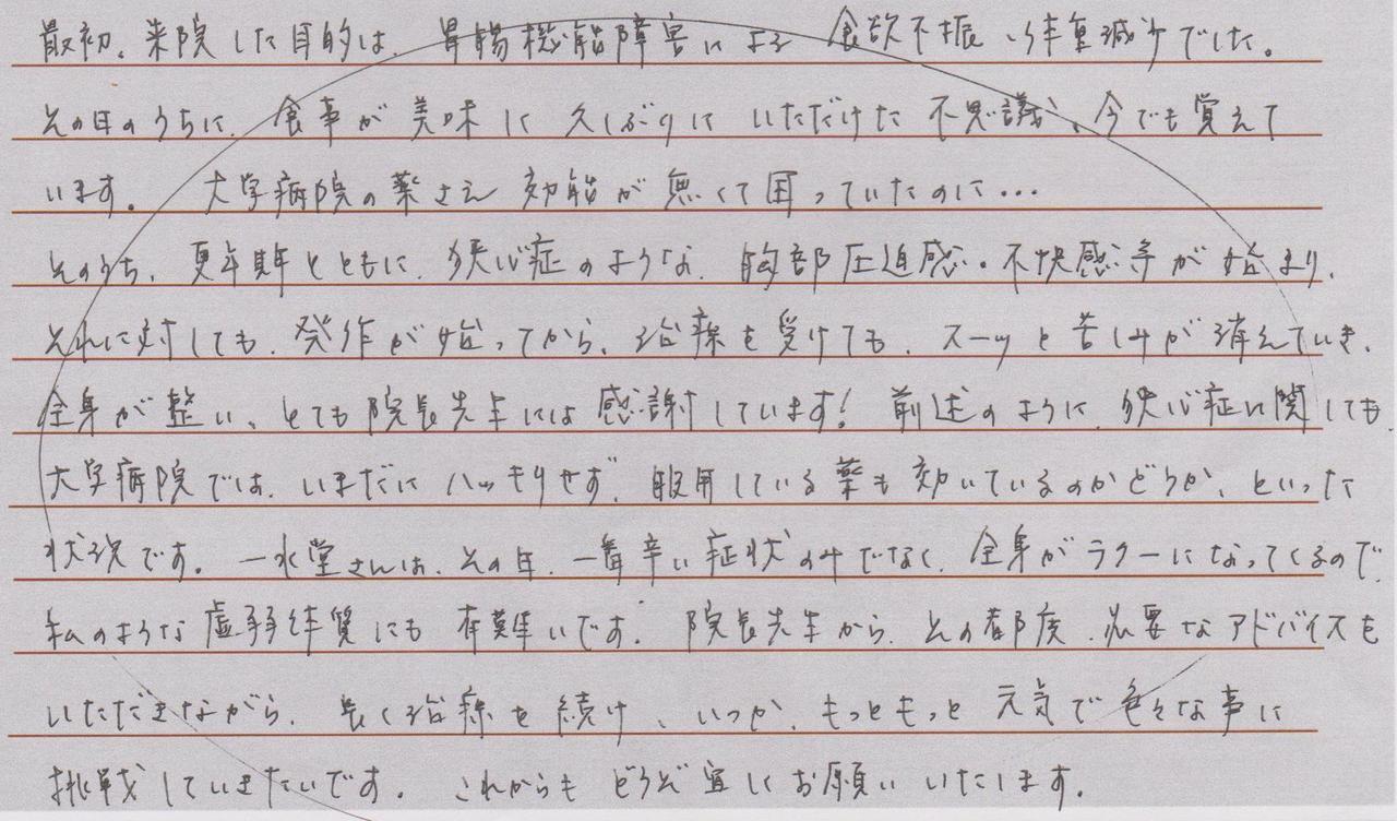 特に大きく体調を崩した時期に頭痛と微熱に悩まれたのですが、先生のおかげで良くなりました