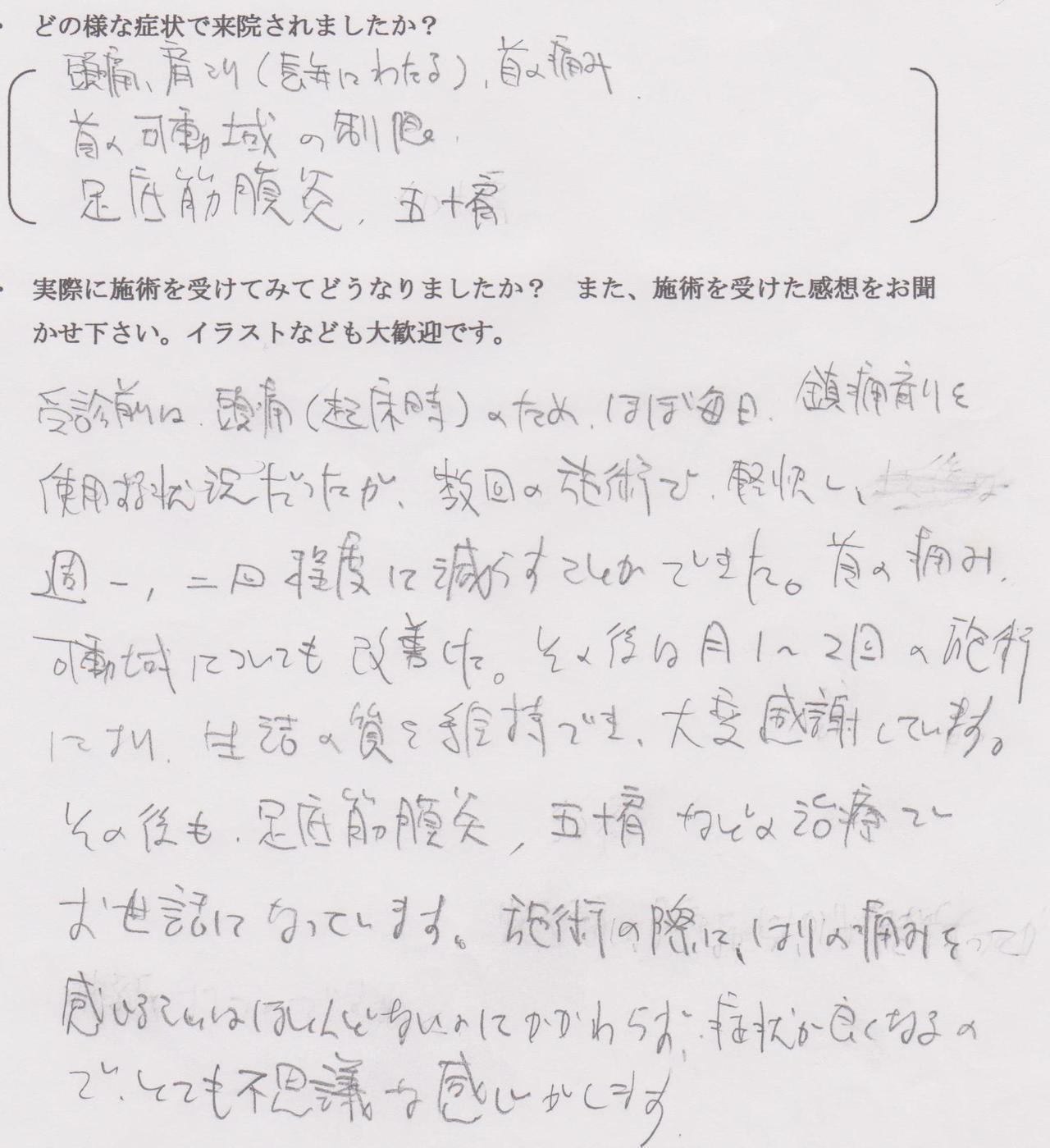 頭痛、肩こり(長年にわたる)、首の痛み、首の可動域の制限、足の筋膜の痛み、肩の痛み