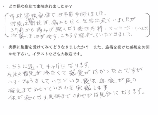 脊柱管の狭窄で１５年前に手術しました。